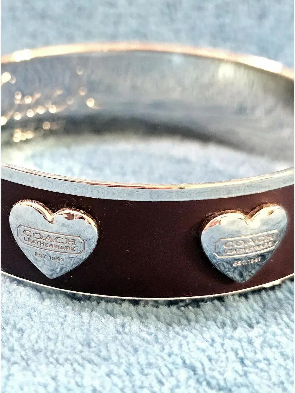 Coach Plum Enamel Silver Heart Logo Bangle Bracelet - Picture 5 of 5